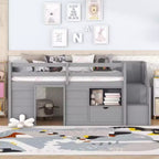 Twin Size Low Loft Beds, Twin Bed With Stairs Safety Guardrail For Kids Teens Boys Girls, Twin Bed Wood Frame