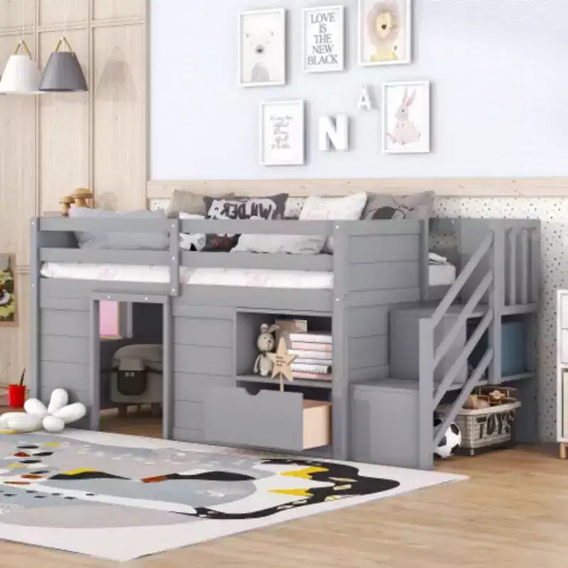 Twin Size Low Loft Beds, Twin Bed With Stairs Safety Guardrail For Kids Teens Boys Girls, Twin Bed Wood Frame