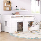 Twin Size Low Loft Beds, Twin Bed With Stairs Safety Guardrail For Kids Teens Boys Girls, Twin Bed Wood Frame