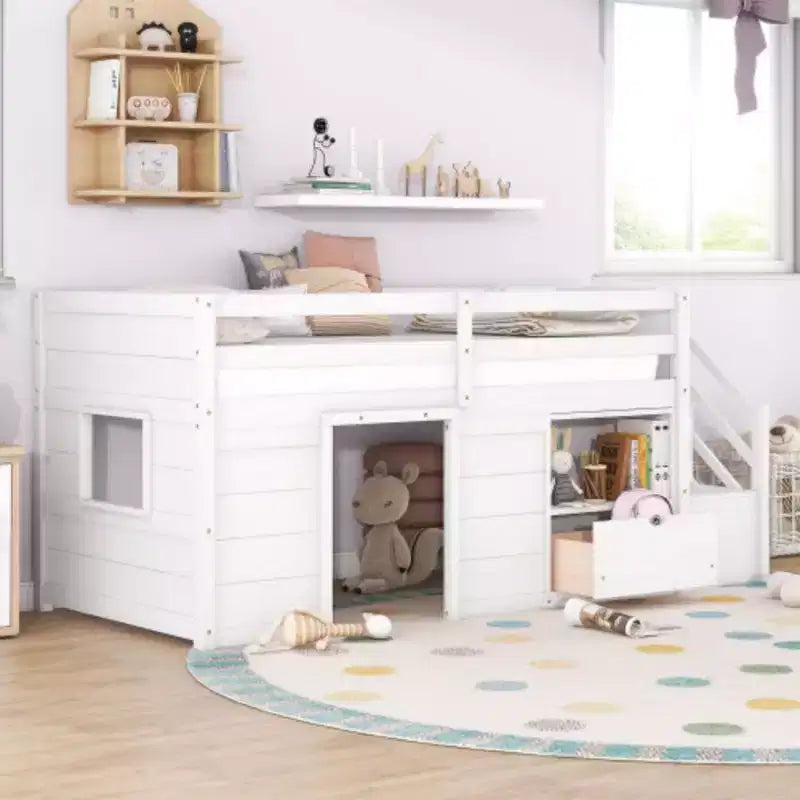 Twin Size Low Loft Beds, Twin Bed With Stairs Safety Guardrail For Kids Teens Boys Girls, Twin Bed Wood Frame