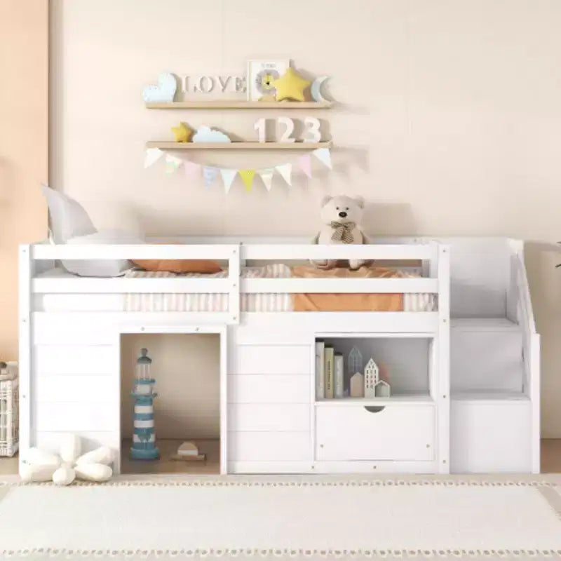 Twin Size Low Loft Beds, Twin Bed With Stairs Safety Guardrail For Kids Teens Boys Girls, Twin Bed Wood Frame