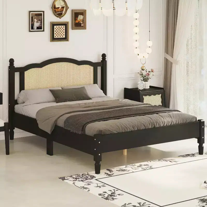 Queen/Full Size Wooden Platform Bed with Natural Rattan Headboard, Vintage Bed Frame with Wooden Slat Support 4B - ModernLuxe