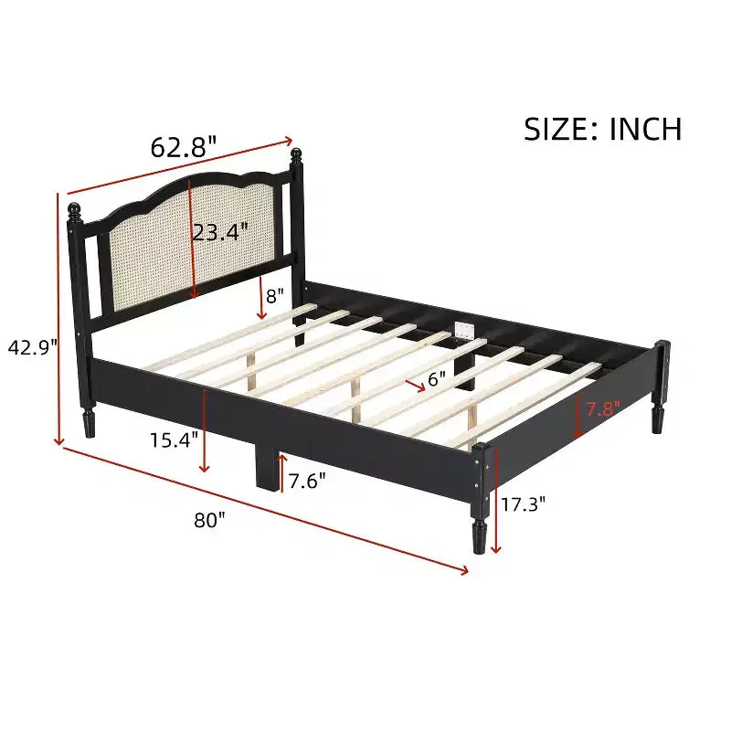 Queen/Full Size Wooden Platform Bed with Natural Rattan Headboard, Vintage Bed Frame with Wooden Slat Support 4B - ModernLuxe