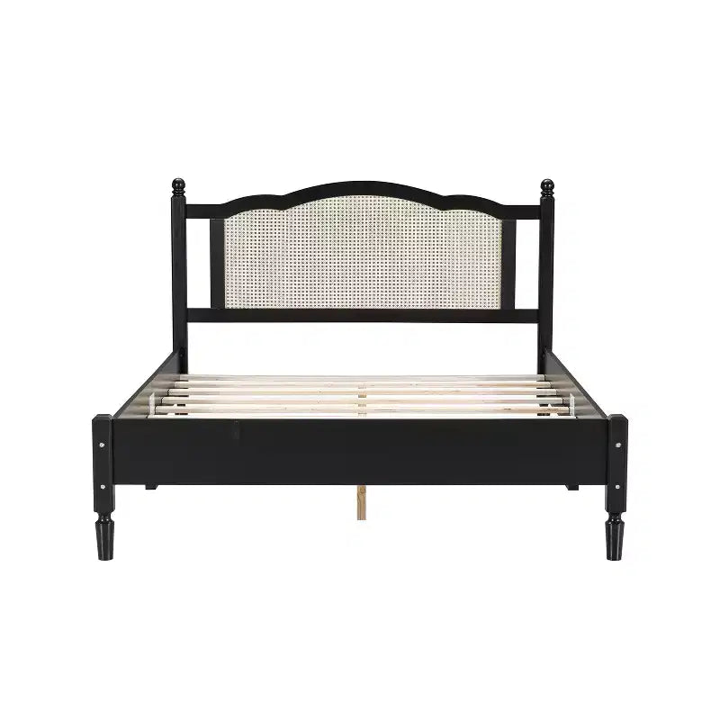 Queen/Full Size Wooden Platform Bed with Natural Rattan Headboard, Vintage Bed Frame with Wooden Slat Support 4B - ModernLuxe