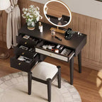 39W Retro Wooden Makeup Vanity Set with Charging Plug & USB Port and Stool, Dressing Table with 3 Drawers and 1 Rattan Drawer 4B - ModernLuxe
