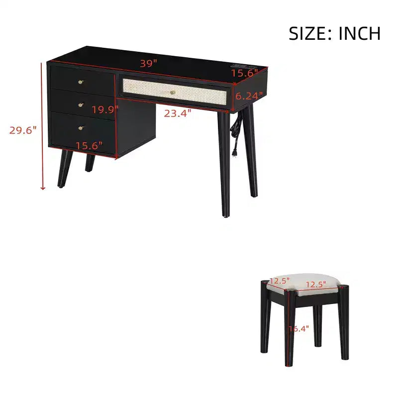 39W Retro Wooden Makeup Vanity Set with Charging Plug & USB Port and Stool, Dressing Table with 3 Drawers and 1 Rattan Drawer 4B - ModernLuxe