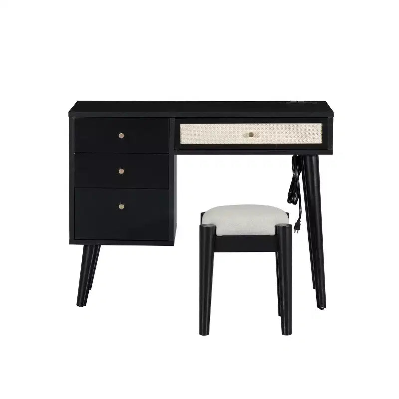 39W Retro Wooden Makeup Vanity Set with Charging Plug & USB Port and Stool, Dressing Table with 3 Drawers and 1 Rattan Drawer 4B - ModernLuxe