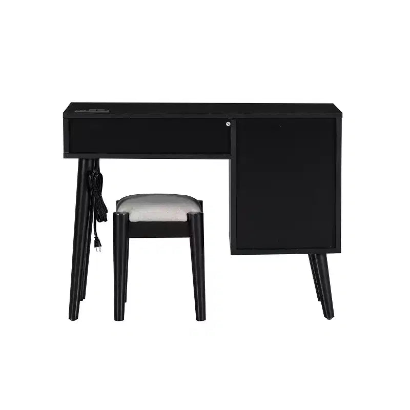 39W Retro Wooden Makeup Vanity Set with Charging Plug & USB Port and Stool, Dressing Table with 3 Drawers and 1 Rattan Drawer 4B - ModernLuxe