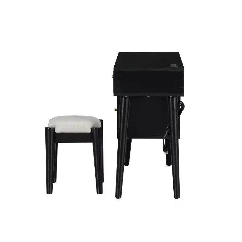 39W Retro Wooden Makeup Vanity Set with Charging Plug & USB Port and Stool, Dressing Table with 3 Drawers and 1 Rattan Drawer 4B - ModernLuxe
