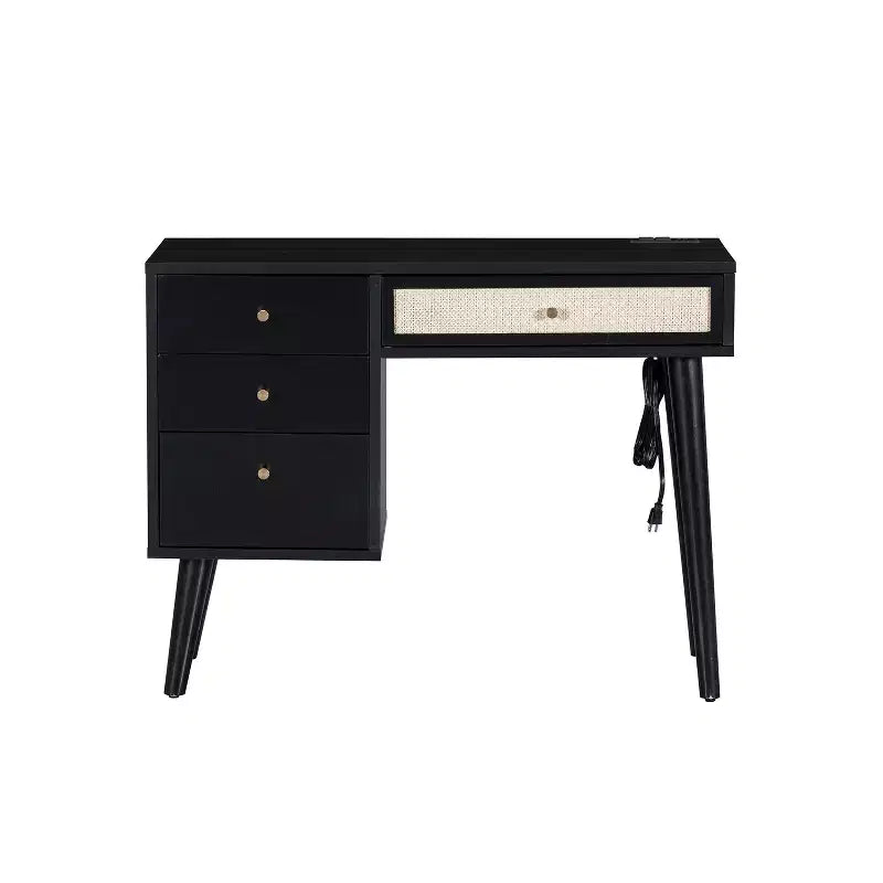 39W Retro Wooden Makeup Vanity Set with Charging Plug & USB Port and Stool, Dressing Table with 3 Drawers and 1 Rattan Drawer 4B - ModernLuxe