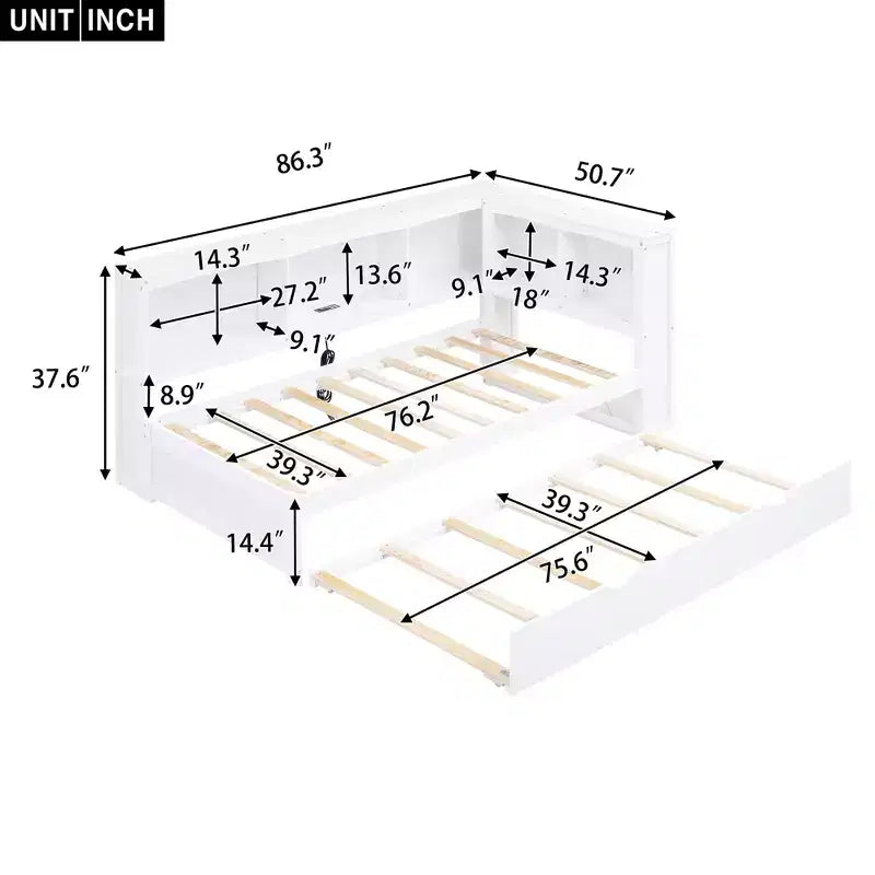 Twin Size Daybed with Trundle/2 Drawers, Storage Cabinets and USB Ports 4B - ModernLuxe