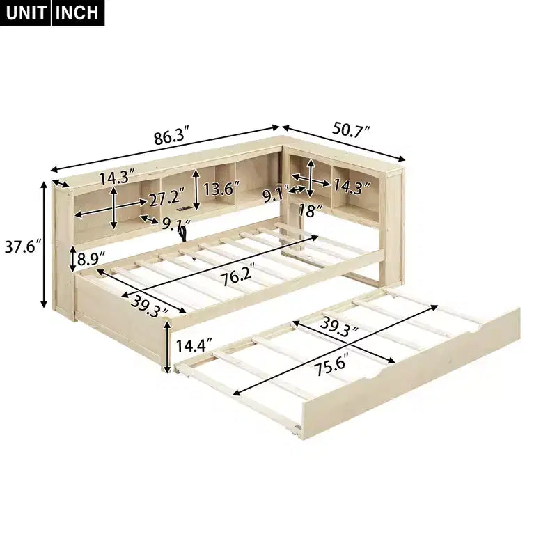 Twin Size Daybed with Trundle/2 Drawers, Storage Cabinets and USB Ports 4B - ModernLuxe