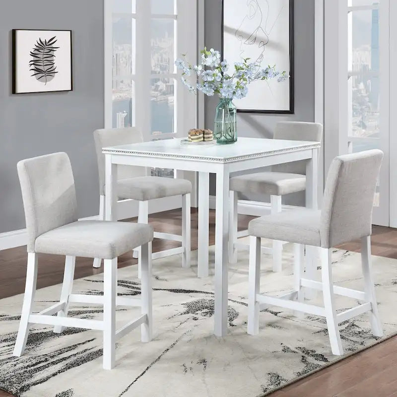 Set da pranzo moderno di 5 pezzi con tavolo quadrato ad altezza bancone e 4 sedie imbottite