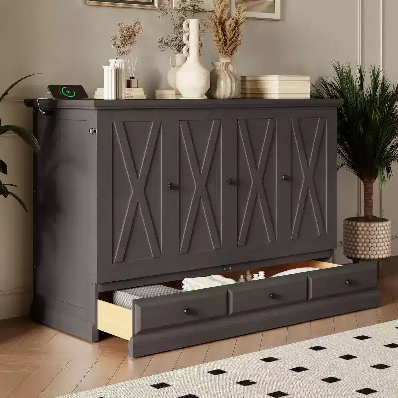 ModernLuxe Queen/Full Size Wooden Murphy Bed, Space-Saving Foldable Cabinet Bed with USB Charging Station & Storage Drawers