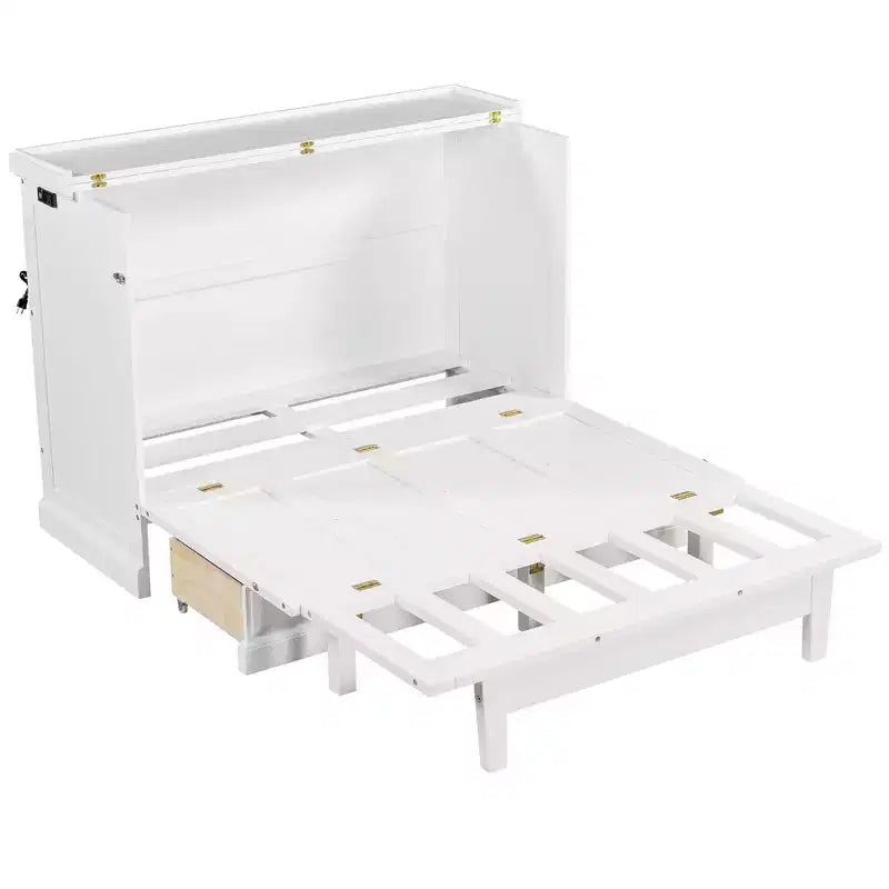 ModernLuxe Queen/Full Size Wooden Murphy Bed, Space-Saving Foldable Cabinet Bed with USB Charging Station & Storage Drawers