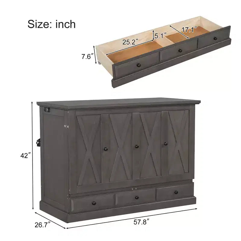 ModernLuxe Queen/Full Size Wooden Murphy Bed, Space-Saving Foldable Cabinet Bed with USB Charging Station & Storage Drawers