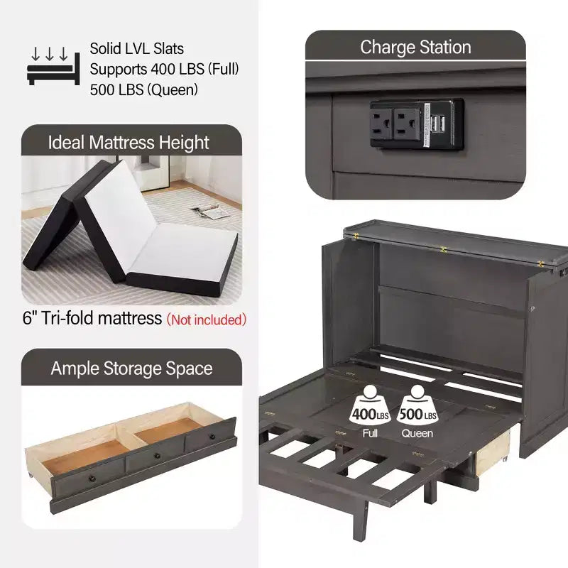 ModernLuxe Queen/Full Size Wooden Murphy Bed, Space-Saving Foldable Cabinet Bed with USB Charging Station & Storage Drawers