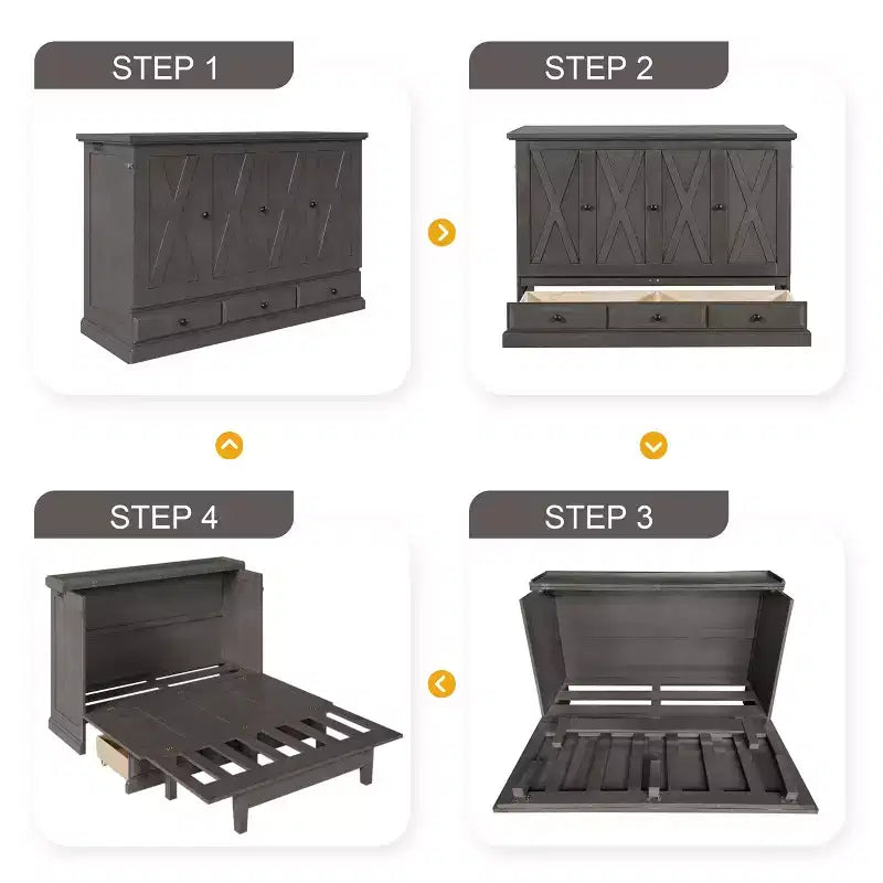 ModernLuxe Queen/Full Size Wooden Murphy Bed, Space-Saving Foldable Cabinet Bed with USB Charging Station & Storage Drawers