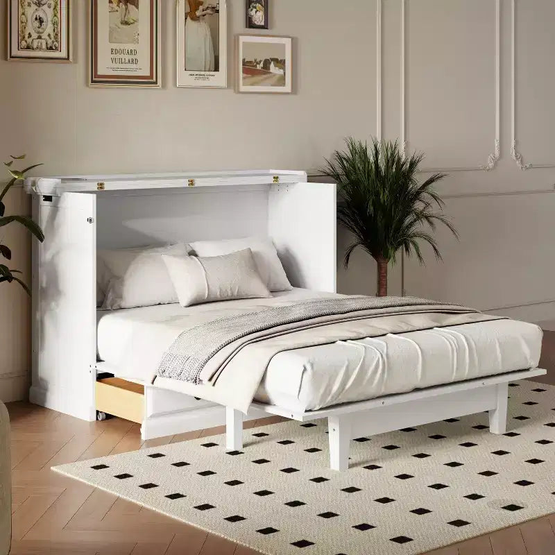 ModernLuxe Queen/Full Size Wooden Murphy Bed, Space-Saving Foldable Cabinet Bed with USB Charging Station & Storage Drawers