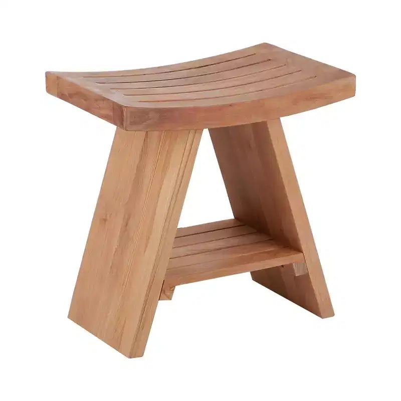 Nordic Teak Natural Shower and Bath Stool with Curved Seat and Shelf - Beige