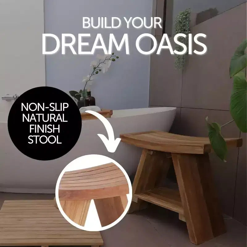 Nordic Teak Natural Shower and Bath Stool with Curved Seat and Shelf - Beige