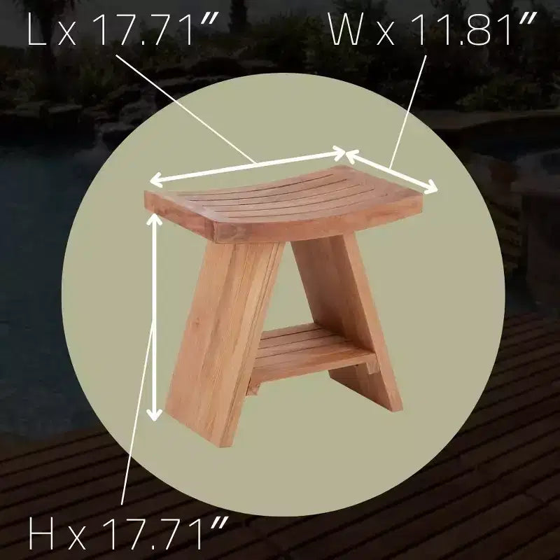 Nordic Teak Natural Shower and Bath Stool with Curved Seat and Shelf - Beige