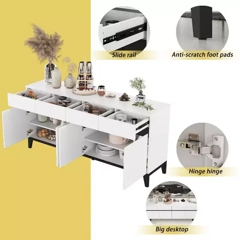 Famapy White Modern 4 Doors Sideboard Buffet With 4 Storage Drawers