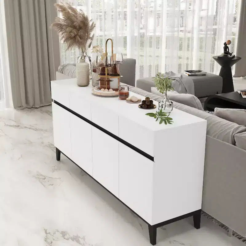 Famapy White Modern 4 Doors Sideboard Buffet With 4 Storage Drawers