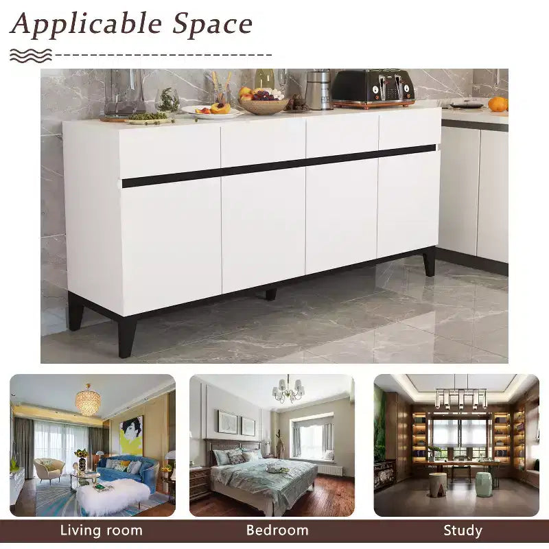 Famapy White Modern 4 Doors Sideboard Buffet With 4 Storage Drawers