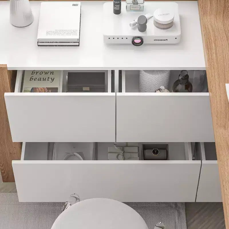Famapy Brown and White Rotatable Make up Vanity Table With Storage Drawers
