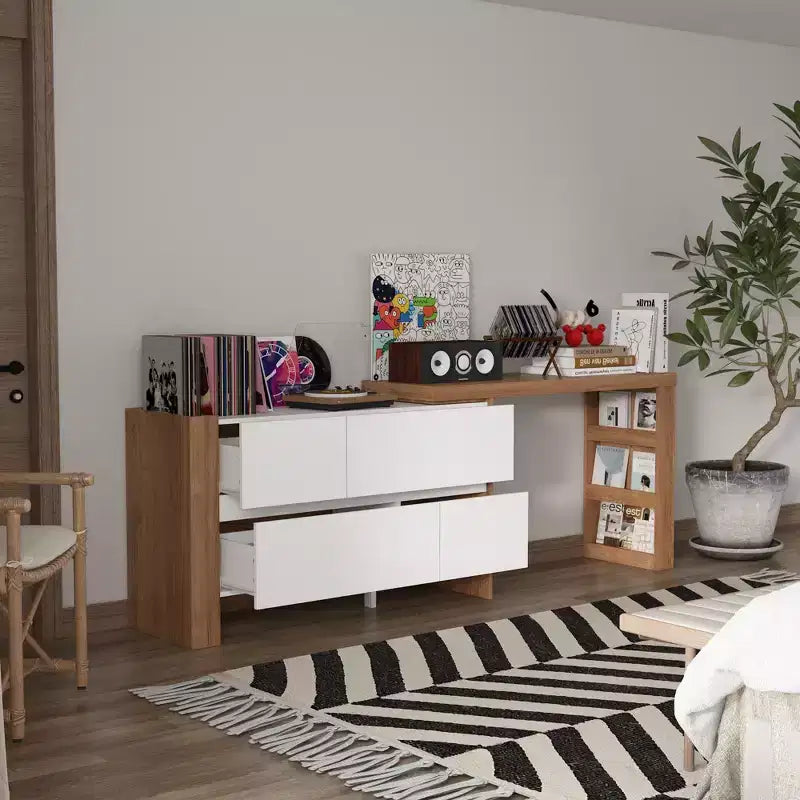 Famapy Brown and White Rotatable Make up Vanity Table With Storage Drawers