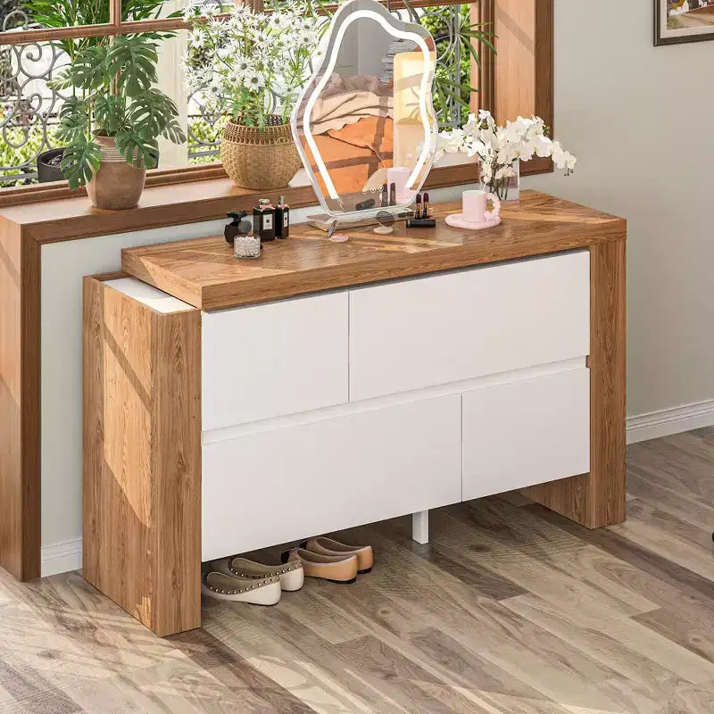 Famapy Brown and White Rotatable Make up Vanity Table With Storage Drawers