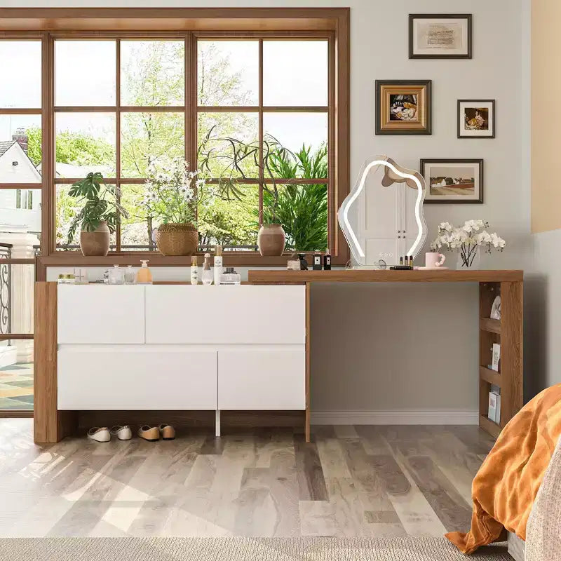 Famapy Brown and White Rotatable Make up Vanity Table With Storage Drawers