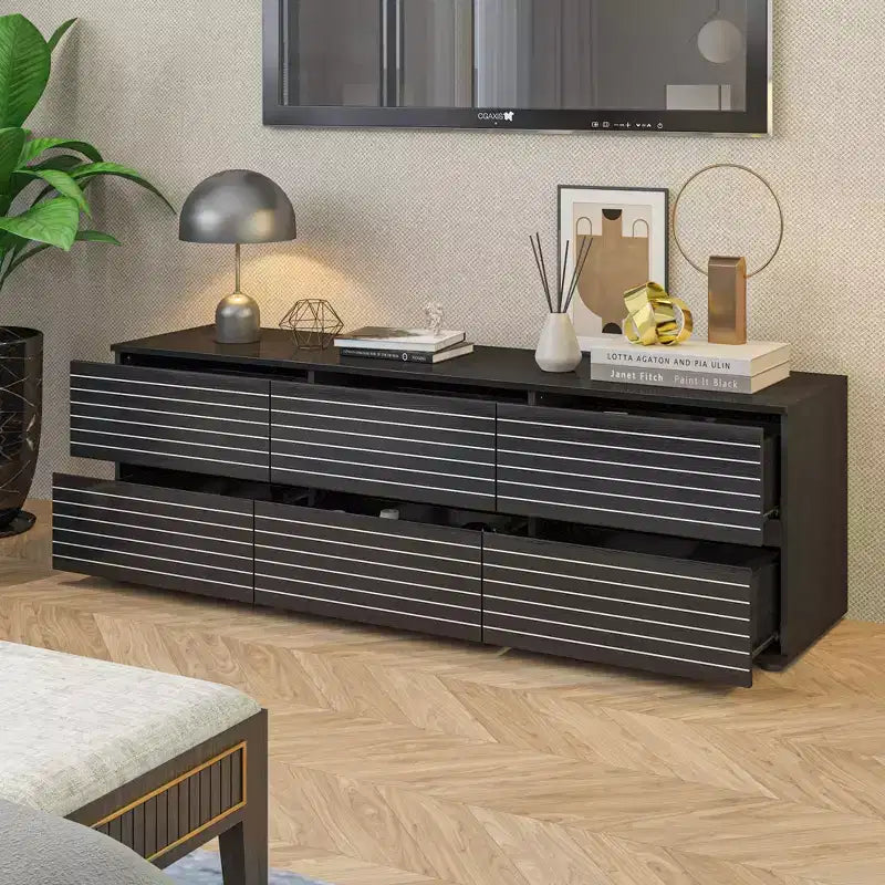 Famapy Sophisticated Black Striped 6 - Drawer Cabinet / Dresser / TV Stand: A Blend of Style and Function for Multiple Uses