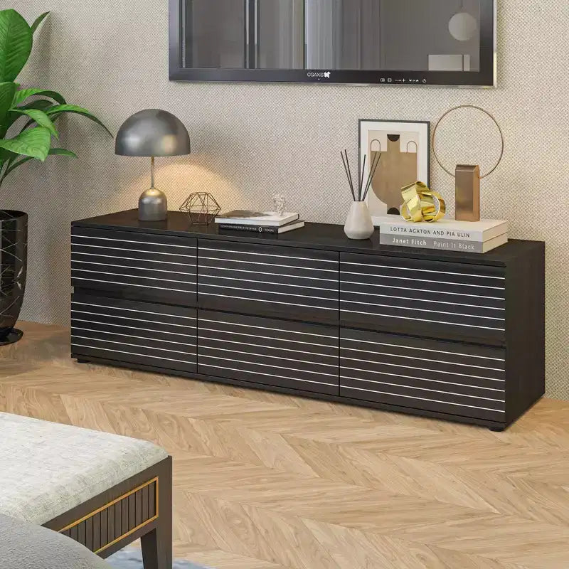 Famapy Sophisticated Black Striped 6 - Drawer Cabinet / Dresser / TV Stand: A Blend of Style and Function for Multiple Uses