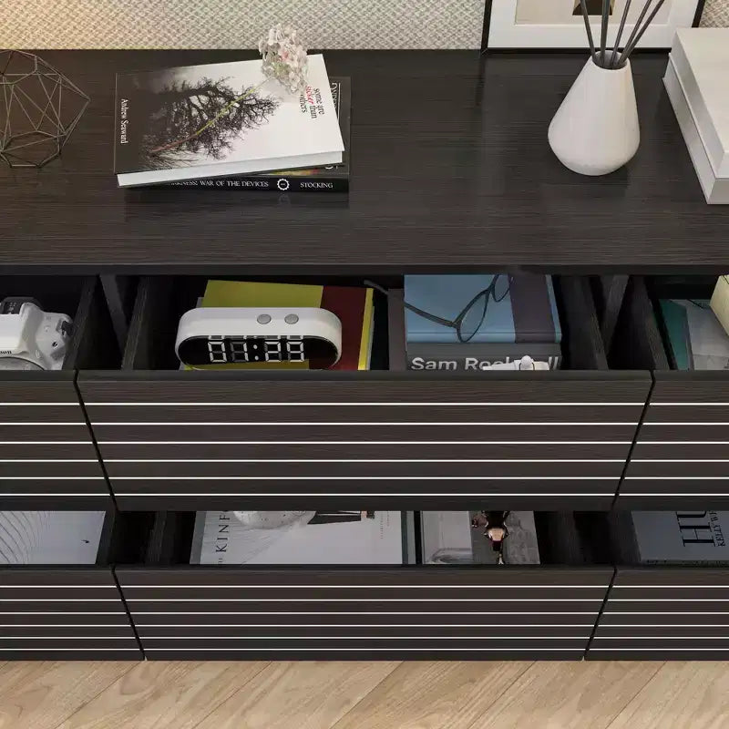 Famapy Sophisticated Black Striped 6 - Drawer Cabinet / Dresser / TV Stand: A Blend of Style and Function for Multiple Uses