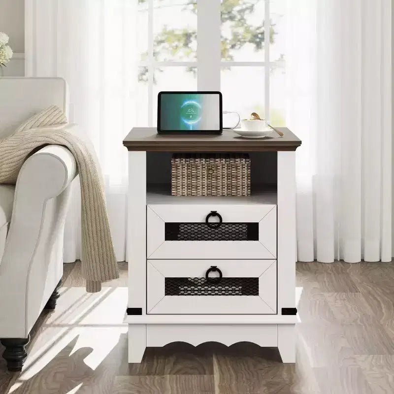 Garvee Farmhouse Nightstand 18 inch Side Table with Charging Station Bedside Table with 2 Drawer and 2 USB Ports End Table with Open Cubby