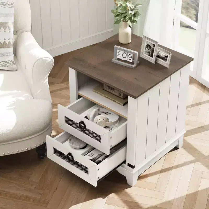 Garvee Farmhouse Nightstand 18 inch Side Table with Charging Station Bedside Table with 2 Drawer and 2 USB Ports End Table with Open Cubby