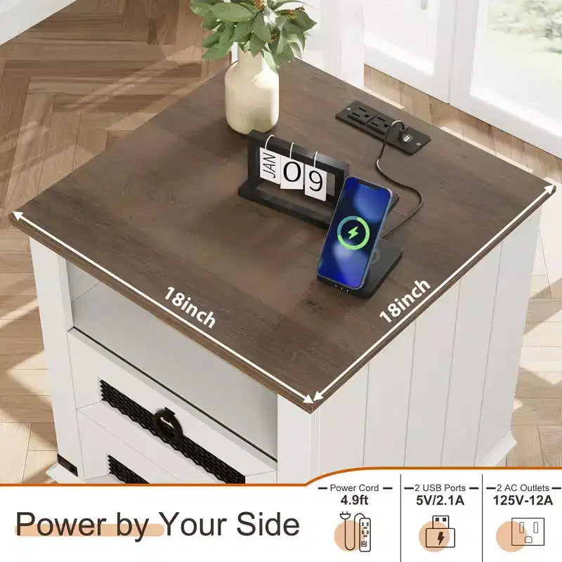 Garvee Farmhouse Nightstand 18 inch Side Table with Charging Station Bedside Table with 2 Drawer and 2 USB Ports End Table with Open Cubby