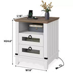 Garvee Farmhouse Nightstand 18 inch Side Table with Charging Station Bedside Table with 2 Drawer and 2 USB Ports End Table with Open Cubby