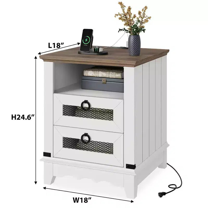 Garvee Farmhouse Nightstand 18 inch Side Table with Charging Station Bedside Table with 2 Drawer and 2 USB Ports End Table with Open Cubby