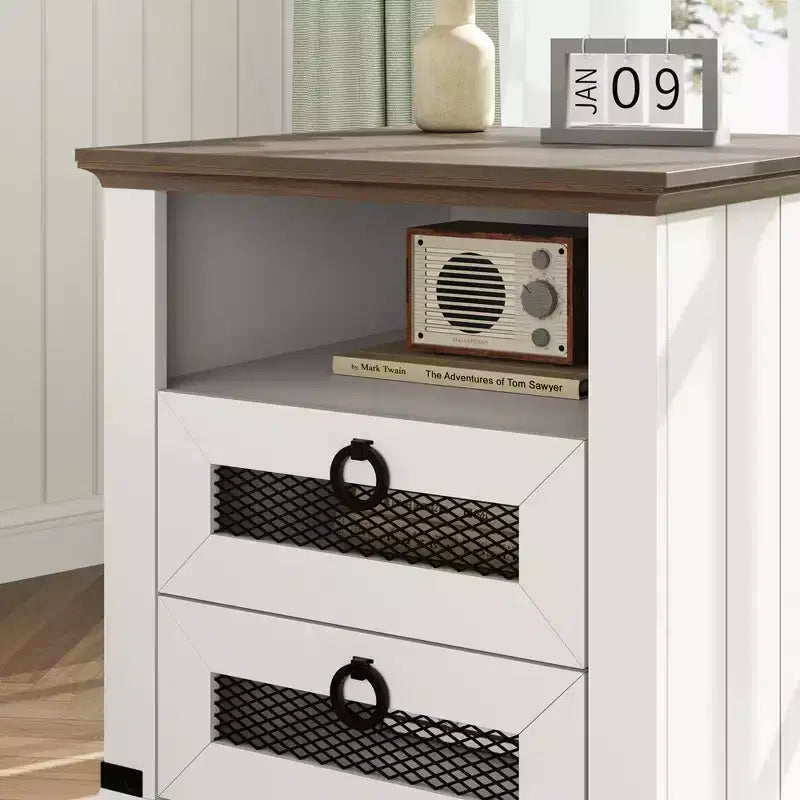 Garvee Farmhouse Nightstand 18 inch Side Table with Charging Station Bedside Table with 2 Drawer and 2 USB Ports End Table with Open Cubby