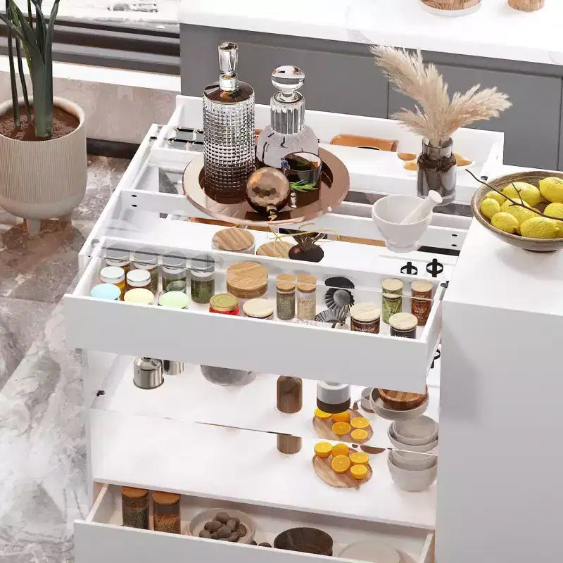 Famapy White 8 Drawers Kitchen Island With Storage Shelves and Glasss Top