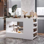 Famapy White 8 Drawers Kitchen Island With Storage Shelves and Glasss Top