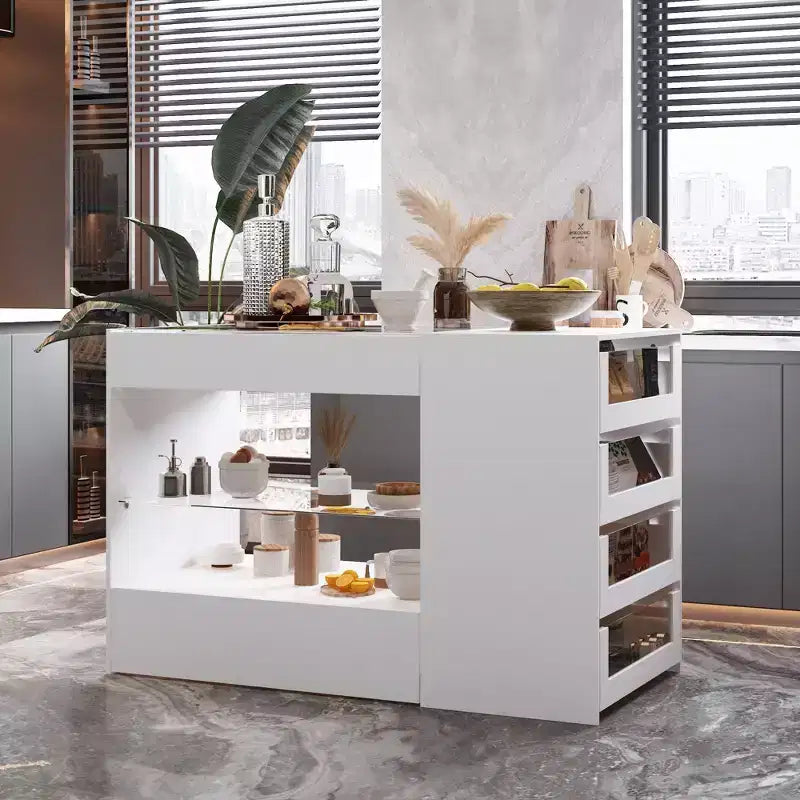 Famapy White 8 Drawers Kitchen Island With Storage Shelves and Glasss Top