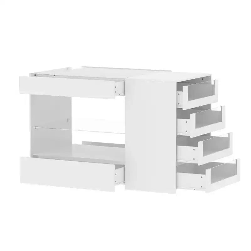 Famapy White 8 Drawers Kitchen Island With Storage Shelves and Glasss Top