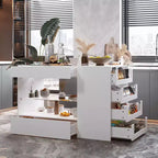 Famapy White 8 Drawers Kitchen Island With Storage Shelves and Glasss Top