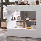 Famapy White 8 Drawers Kitchen Island With Storage Shelves and Glasss Top