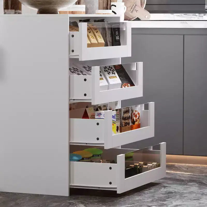 Famapy White 8 Drawers Kitchen Island With Storage Shelves and Glasss Top
