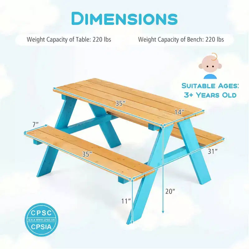 Costway Kids Picnic Table Set Children Outdoor Wooden Table with Bench Seats Backyard